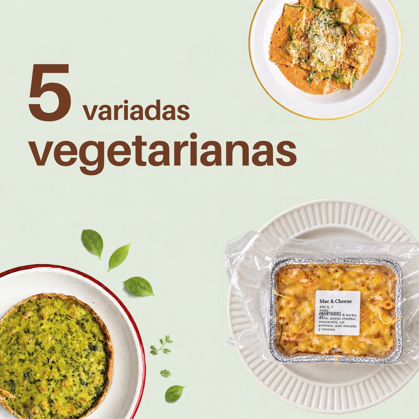 5 variadas vegetarianas: ravioles, mac & cheese y tarta de verdura