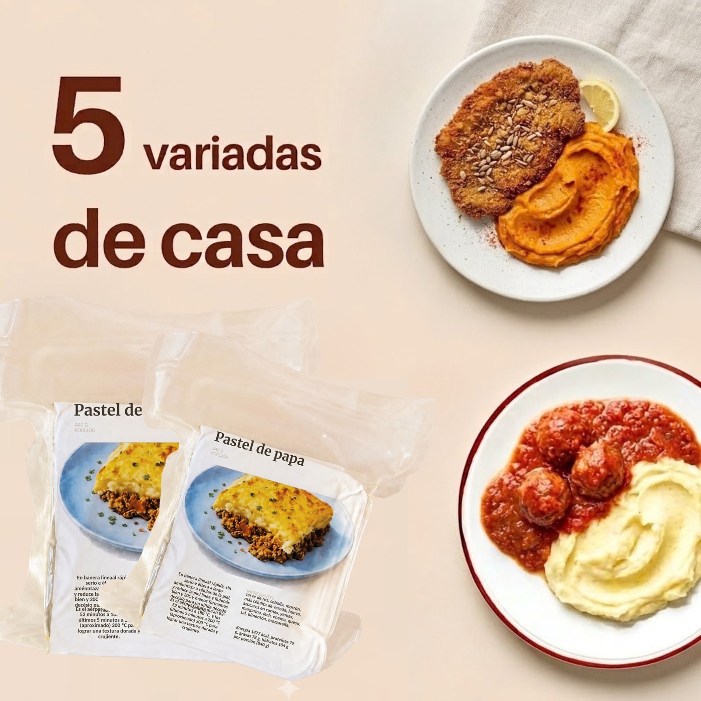 Cinco cenas de casa variadas: ravioles con tuco, fideos con albóndigas y pizza