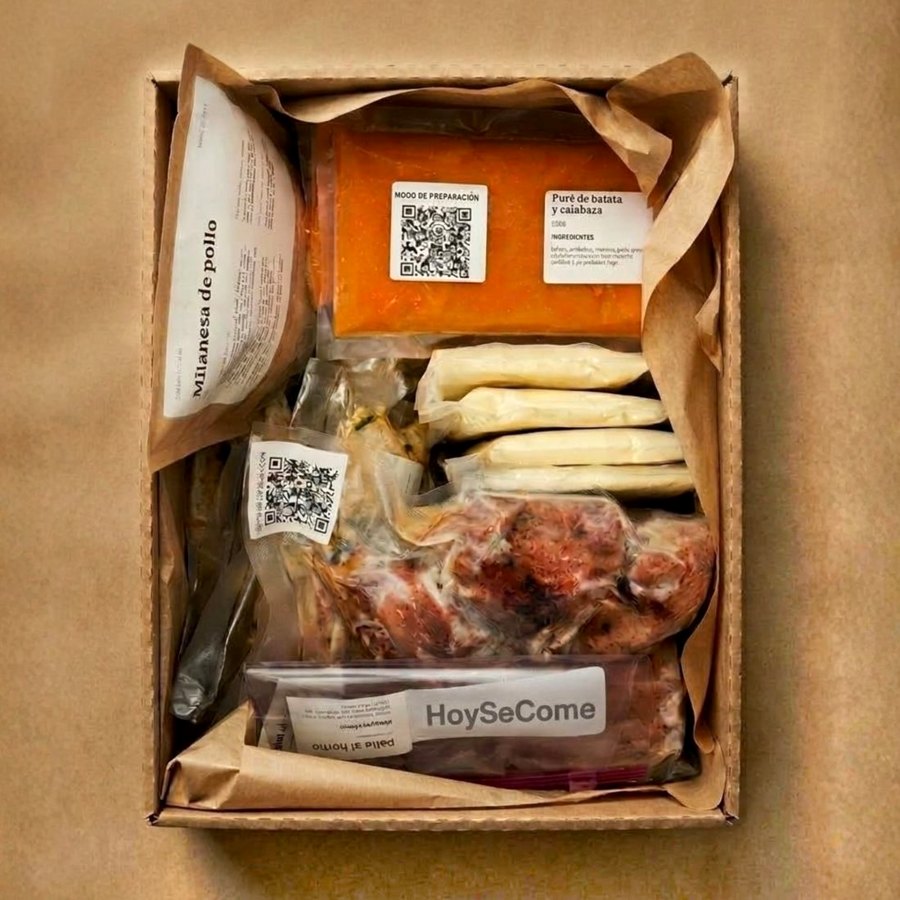 Caja de HoySeCome con los platos congelados al vacío, cada uno con su etiqueta