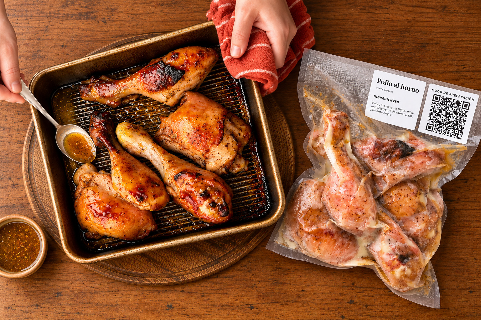 Pollo al horno recién salido del horno y el mismo plato envasado al vacío con su etiqueta