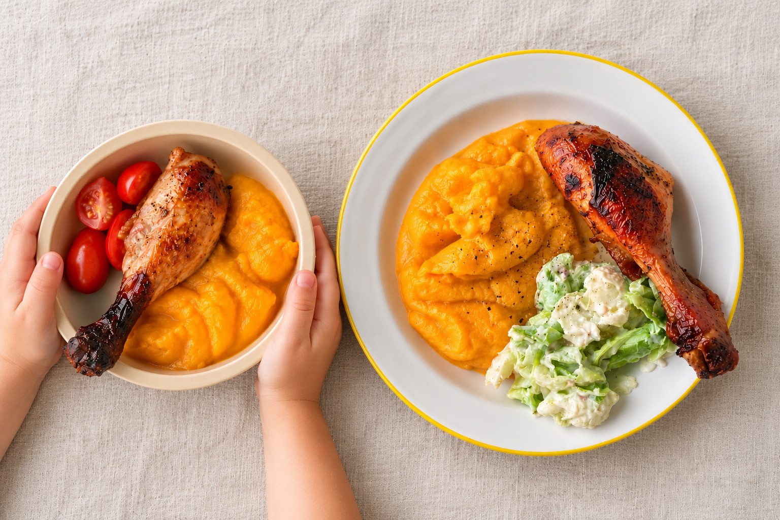 Pata de pollo al horno con puré de calabaza, en el plato de un chico y en el de un adulto