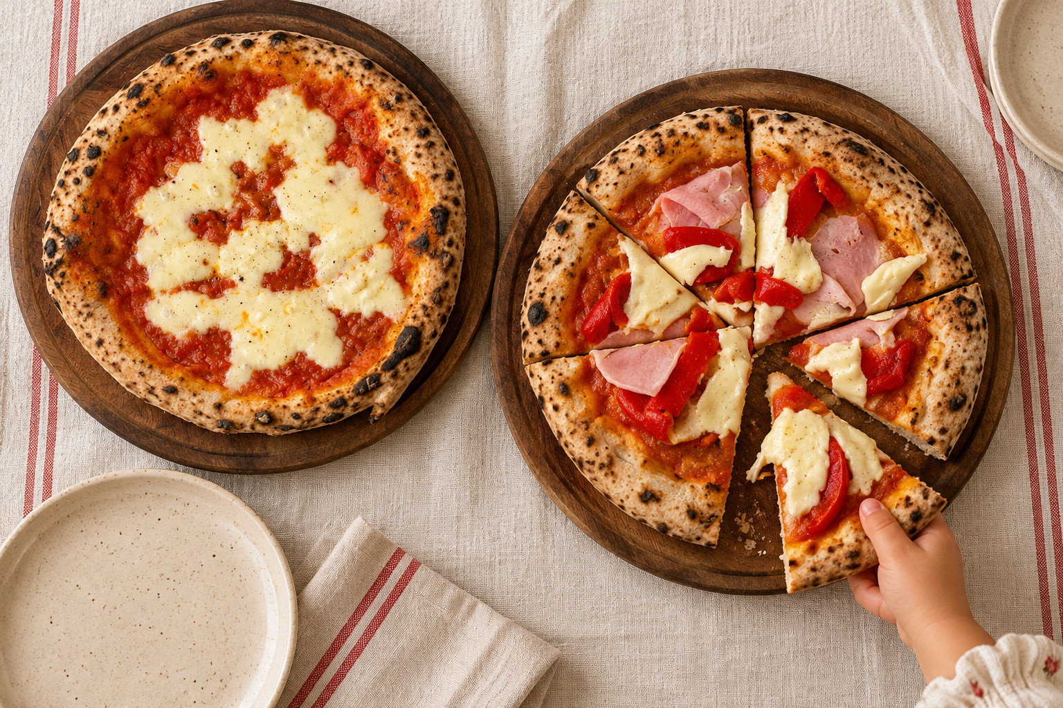 Pizza muzzarella y pizza de jamón y morrón de masa madre; la mano de un chico agarra una porción