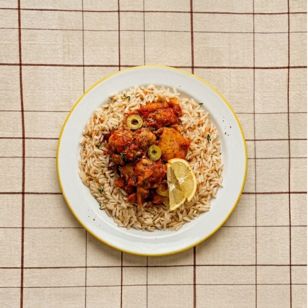 Después: filet de merluza con salsa marinara sobre arroz, servido en el plato