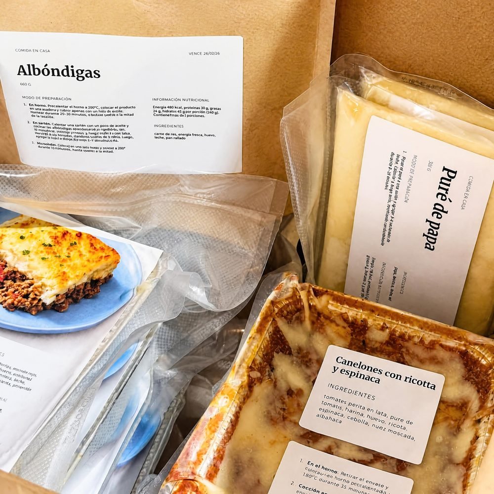 Caja de HoySeCome con albóndigas, puré de papa y canelones en sus envases, con etiqueta e instrucciones